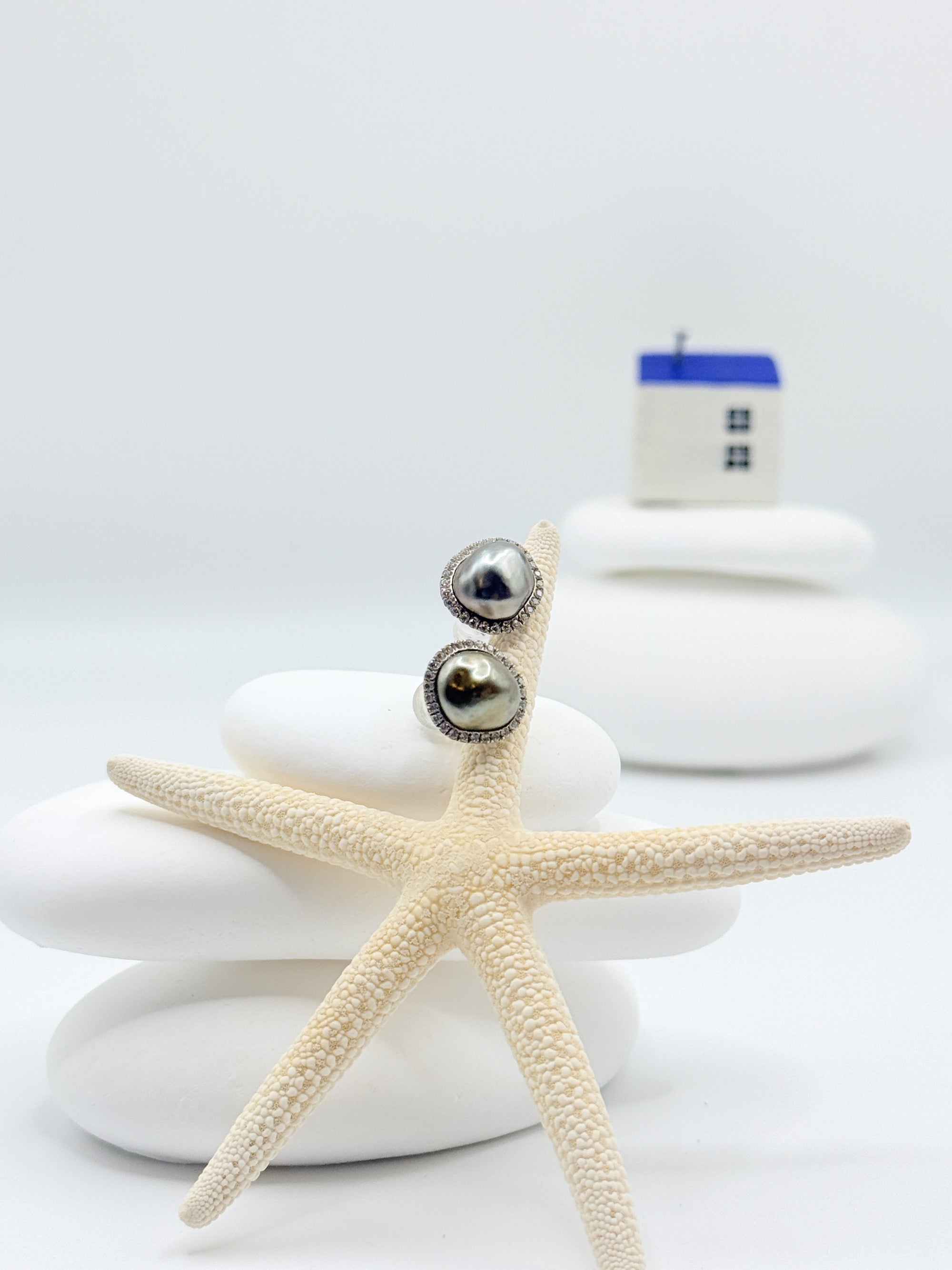 Tahitian Keshi pearl stud earrings CZ pavé halo rhodium plated 925 sterling silver oceanic styling starfish