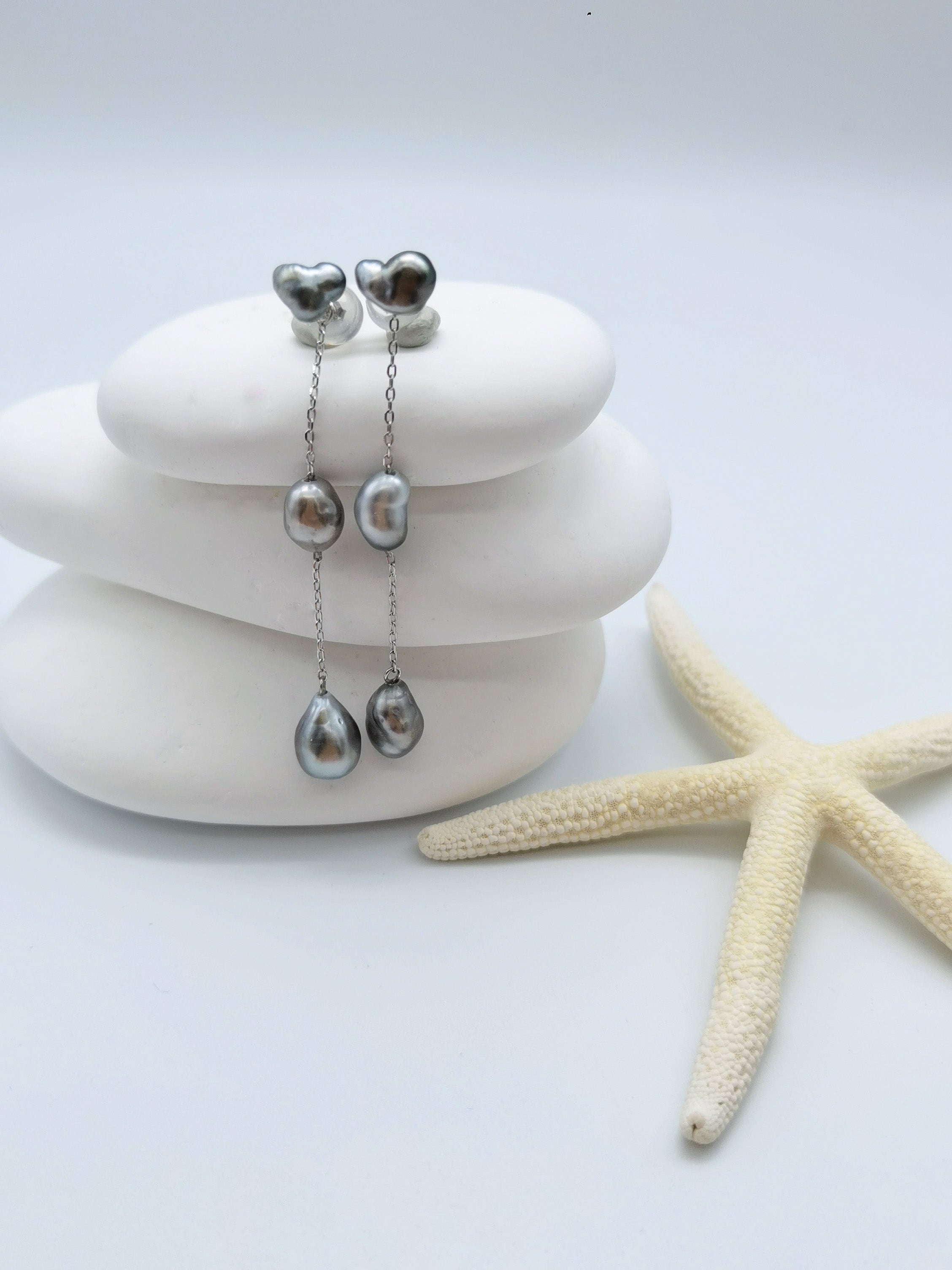 Convertible Tahitian Keshi pearl earrings heart-shaped studs detachable drops 925 sterling silver white stone starfish styling