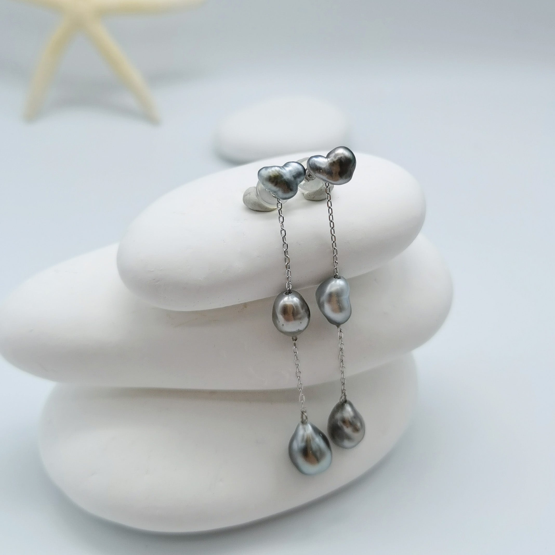 Convertible Tahitian Keshi pearl earrings showing heart studs with triple pearl drops 5-7mm baroque pearls sterling silver