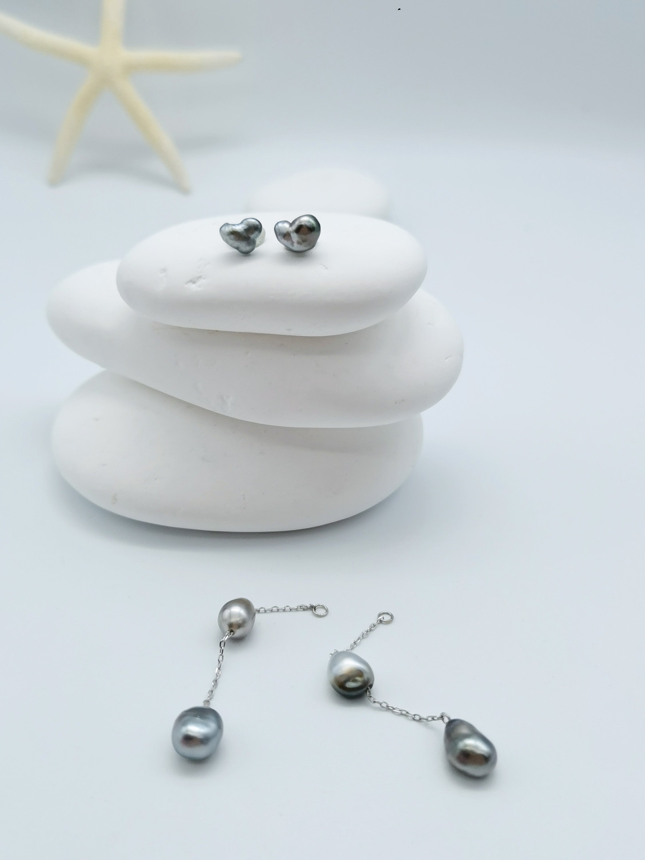 Convertible Tahitian Keshi pearl earrings showing heart studs with triple pearl drops 5-7mm baroque pearls sterling silver