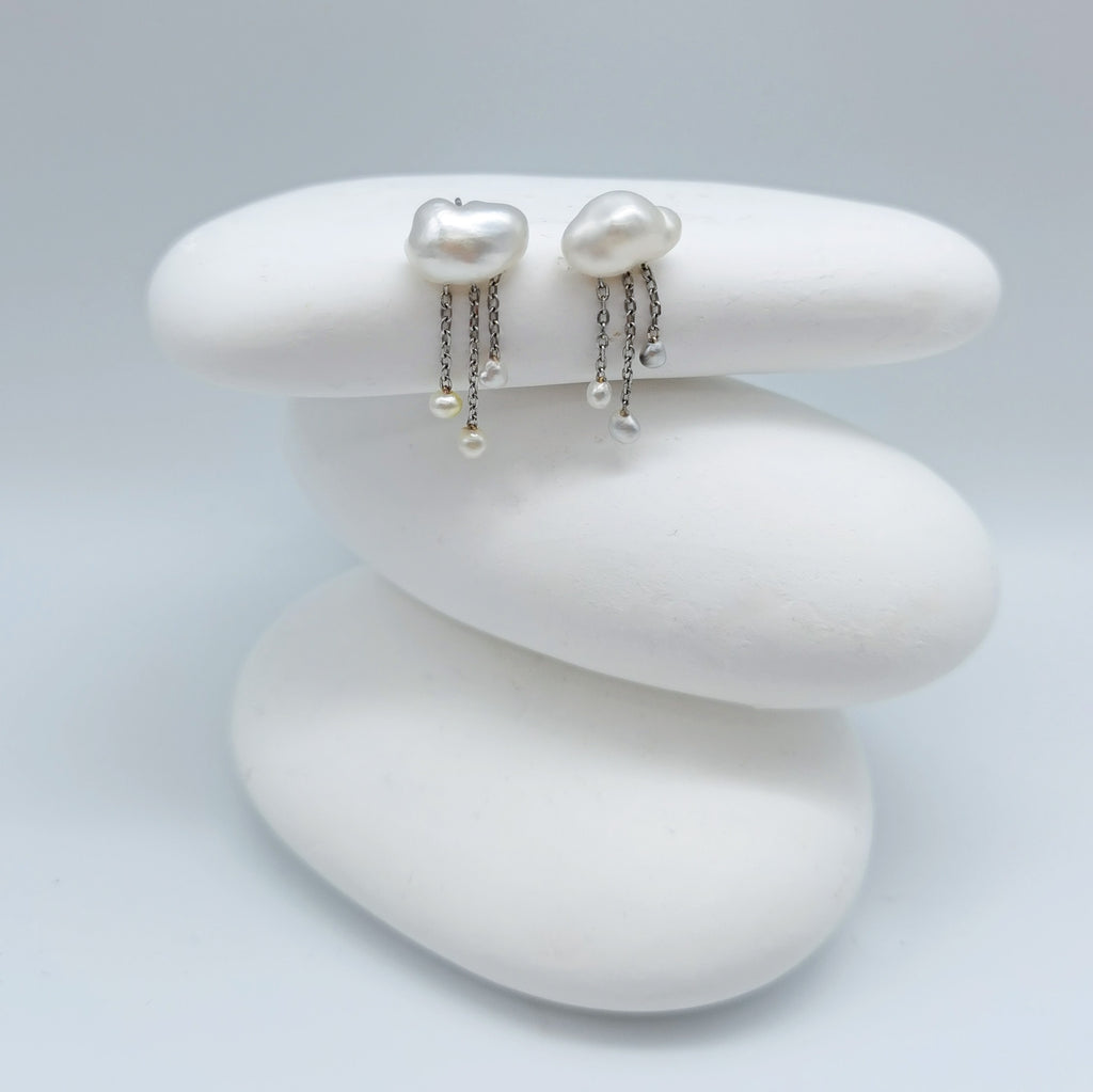 White South Sea Keshi pearl dangle earrings cloud-shaped studs 7.3x11mm mixed baroque drops 925 sterling silver chains white stones