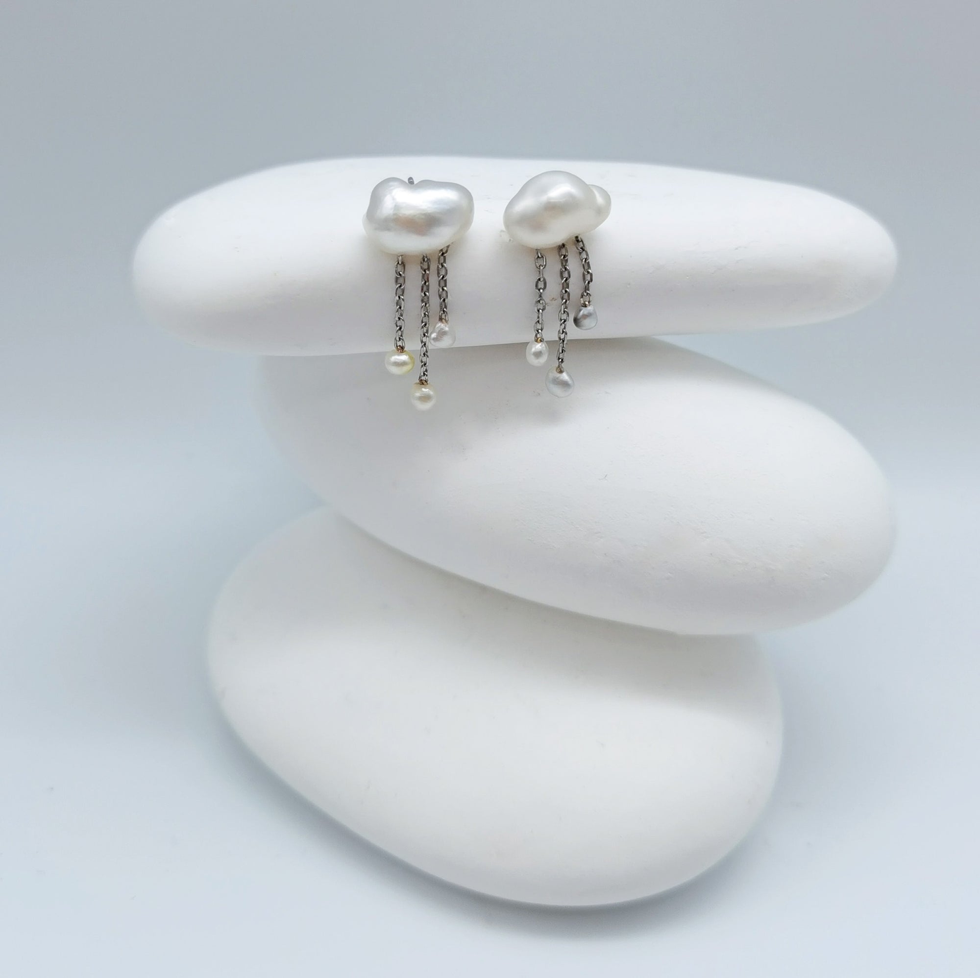 White South Sea Keshi pearl dangle earrings cloud-shaped studs 7.3x11mm mixed baroque drops 925 sterling silver chains white stones