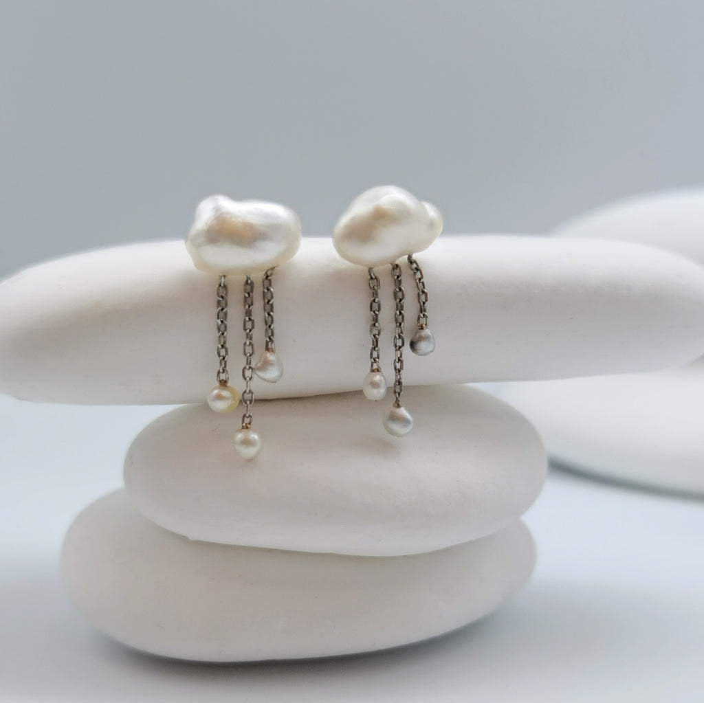 White South Sea Keshi pearl dangle earrings showing cloud studs with cascading baroque pearl drops ivory grey tones sterling silver