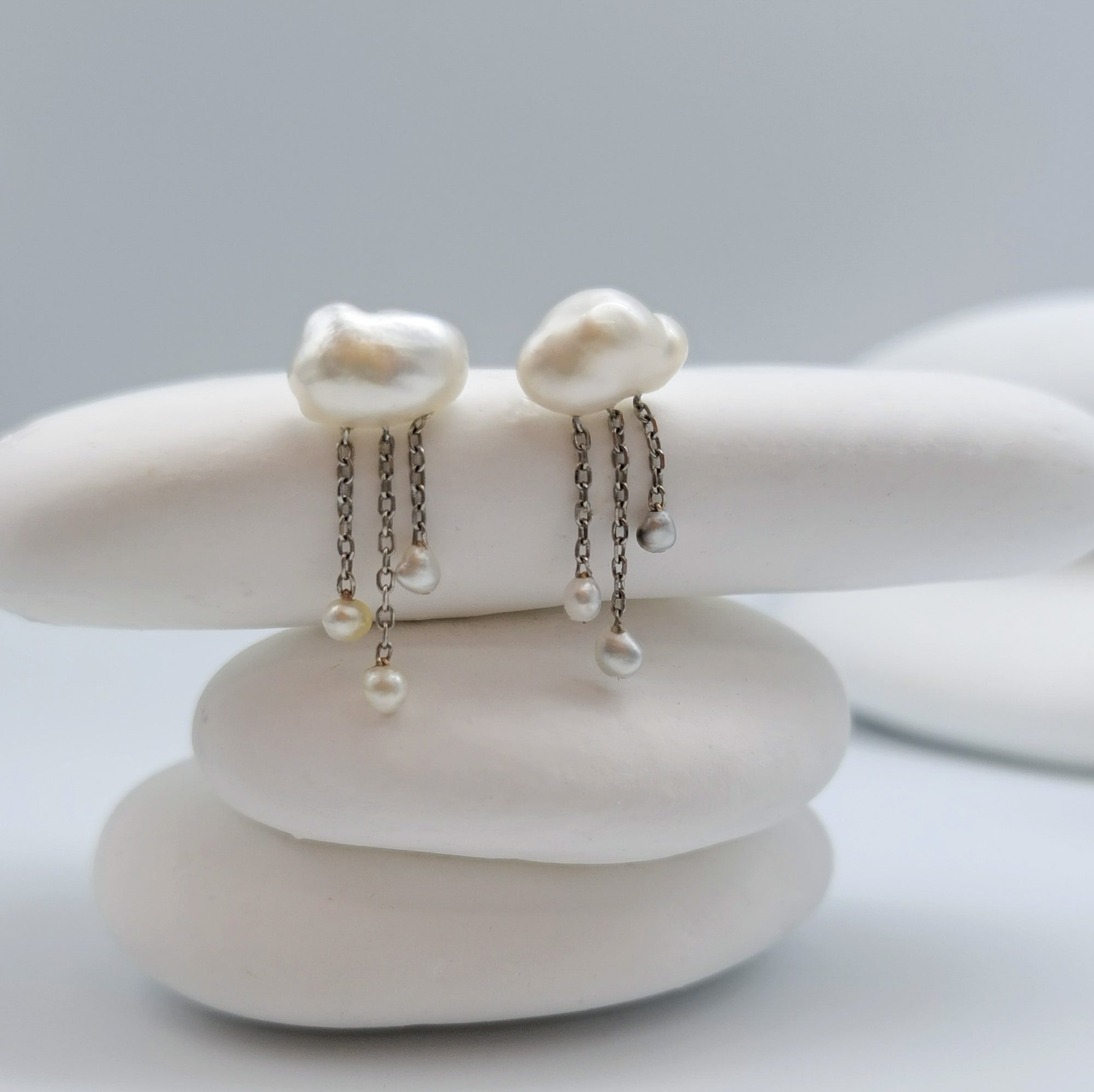 White South Sea Keshi pearl dangle earrings showing cloud studs with cascading baroque pearl drops ivory grey tones sterling silver