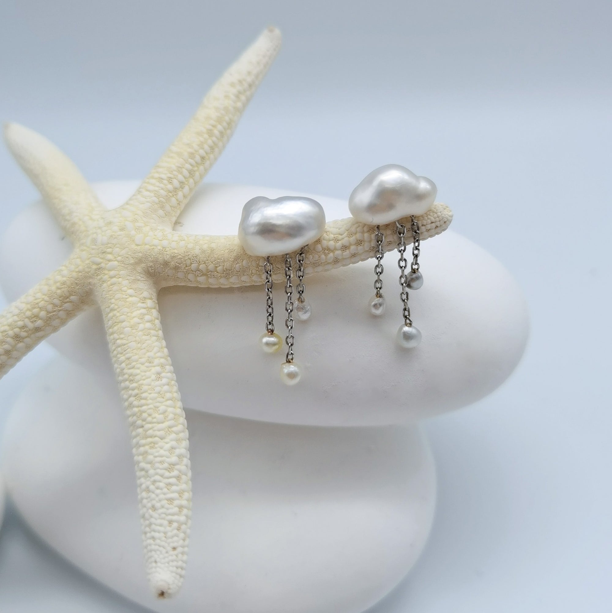 White South Sea Keshi pearl dangle earrings cloud-shaped studs mixed baroque drops starfish styling 925 sterling silver chains