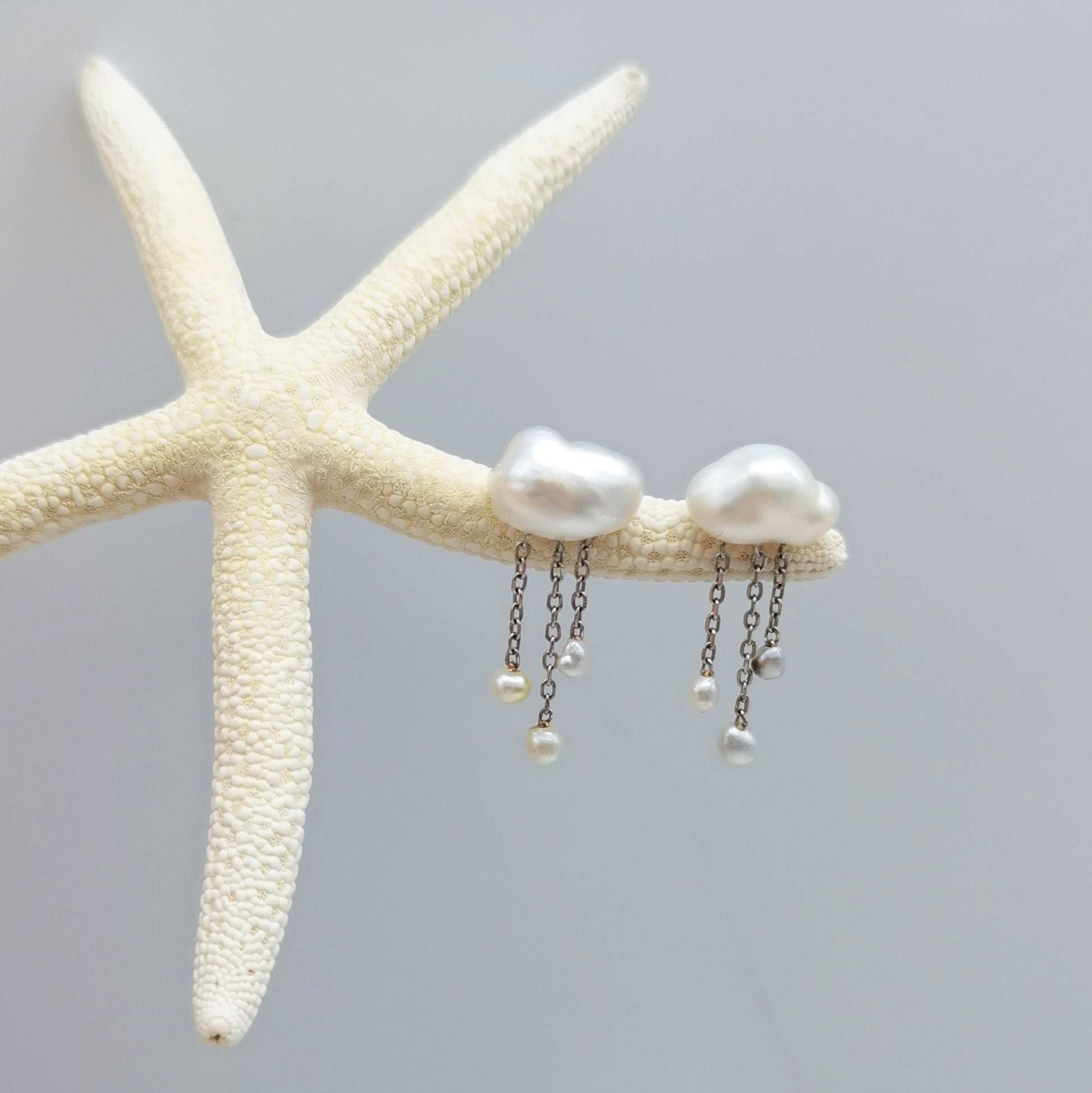 CH0018_WHITE_SOUTHSEA_KESHI_CLOUD_EARRINGS_4.jpg White South Sea Keshi pearl dangle earrings cloud-shaped studs with mixed baroque pearl drops starfish styling 925 sterling silver