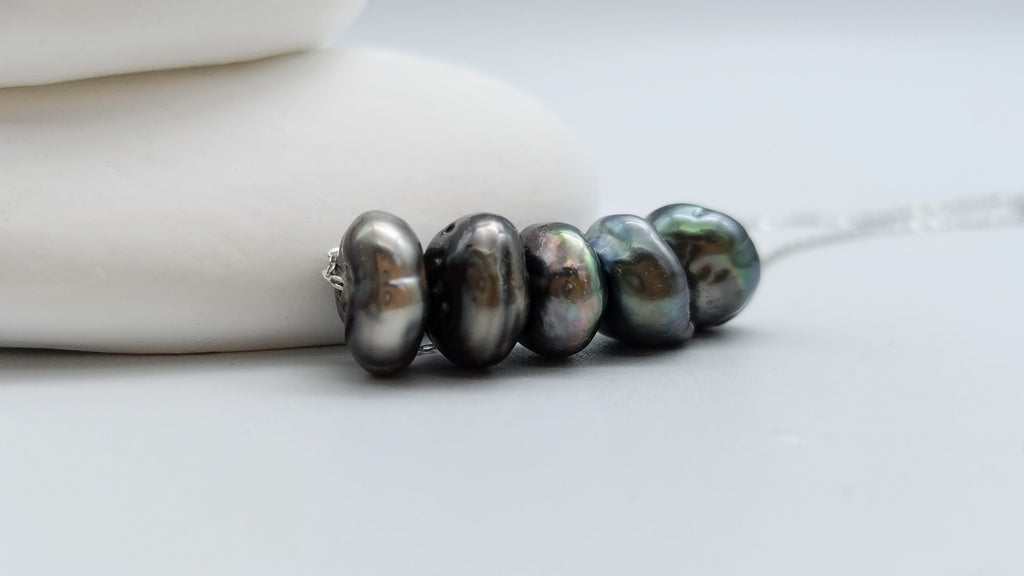 CH0019 - Large Tahitian Keshi 5-Pearl Floating Necklace Sterling Silver Slider Chain