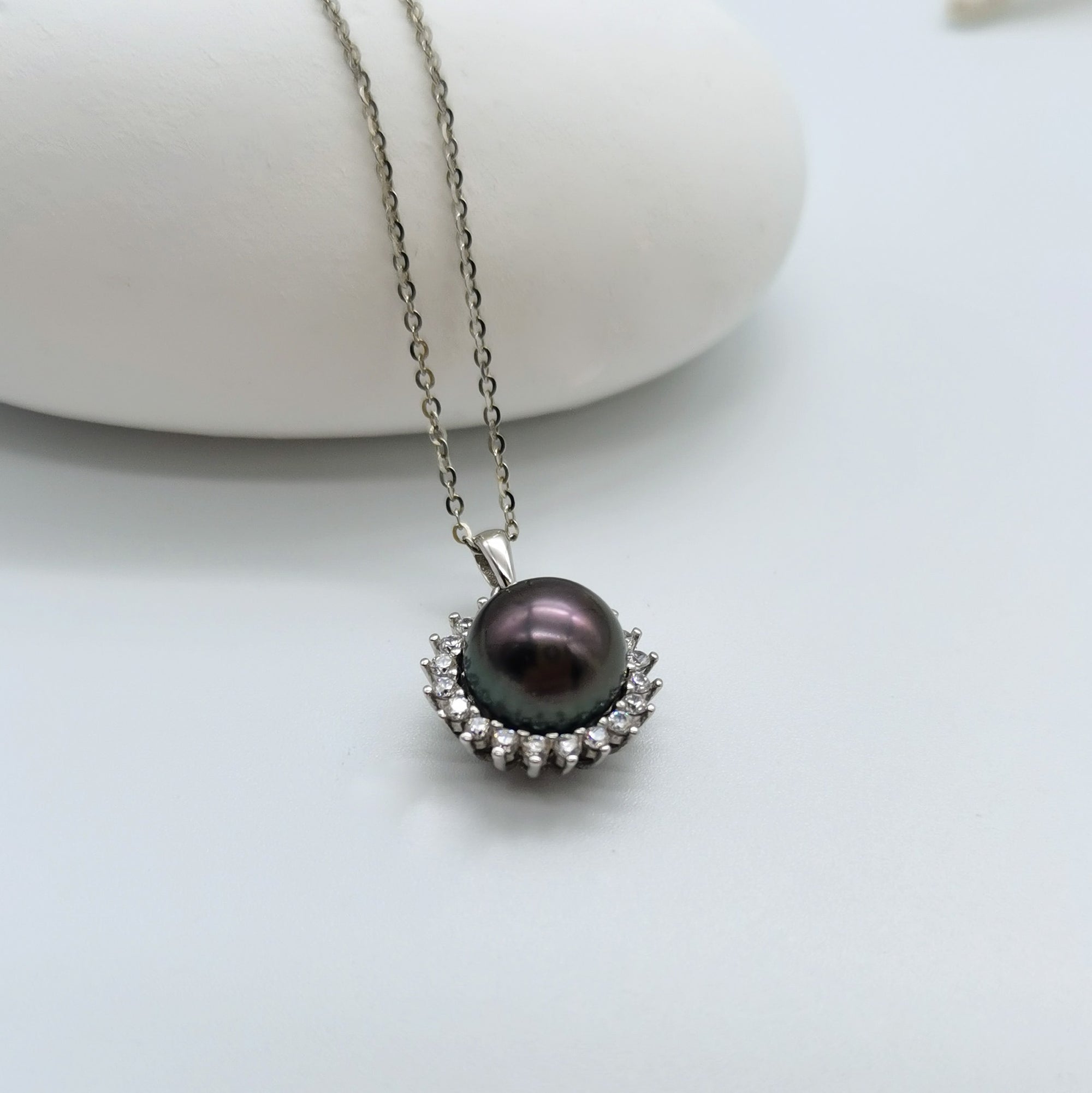 Tahitian pearl pendant necklace 10mm round pearl CZ halo 925 sterling silver sunburst mount peacock aubergine undertones