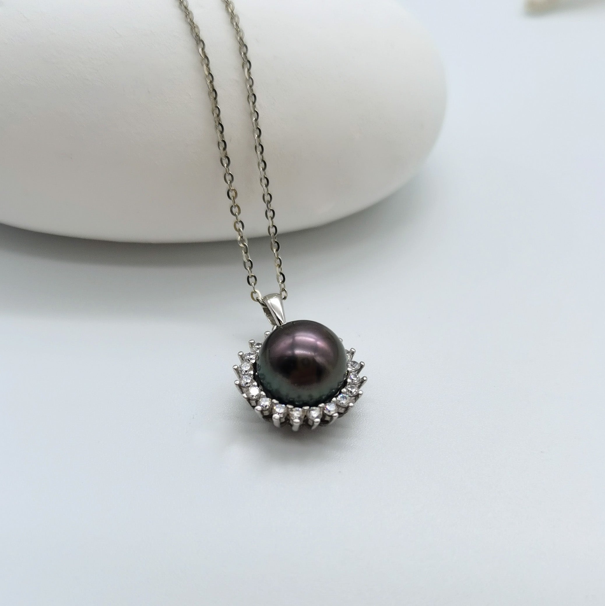 Tahitian pearl pendant necklace 10mm round pearl CZ halo 925 sterling silver sunburst mount peacock aubergine undertones
