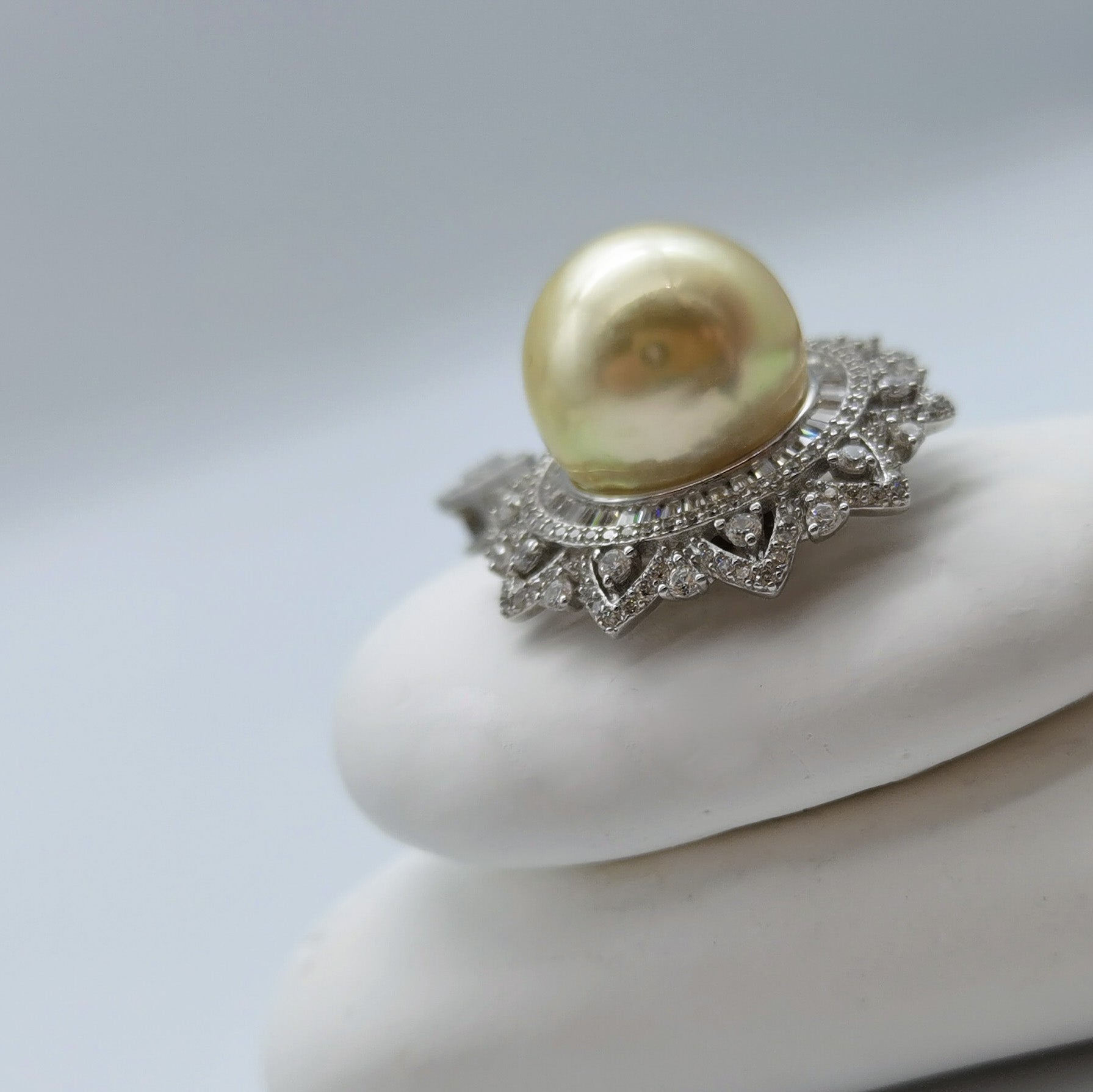 Gold South Sea pearl pendant 14.7mm round light gold CZ double halo 925 sterling silver compass mount white styling