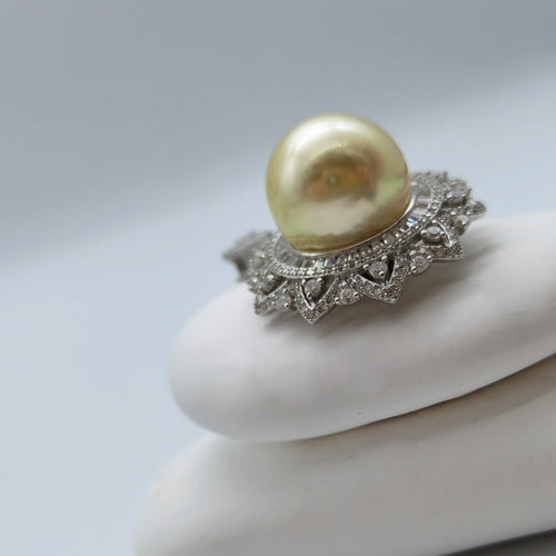 Gold South Sea pearl pendant 14.7mm round light gold CZ double halo 925 sterling silver compass mount white styling