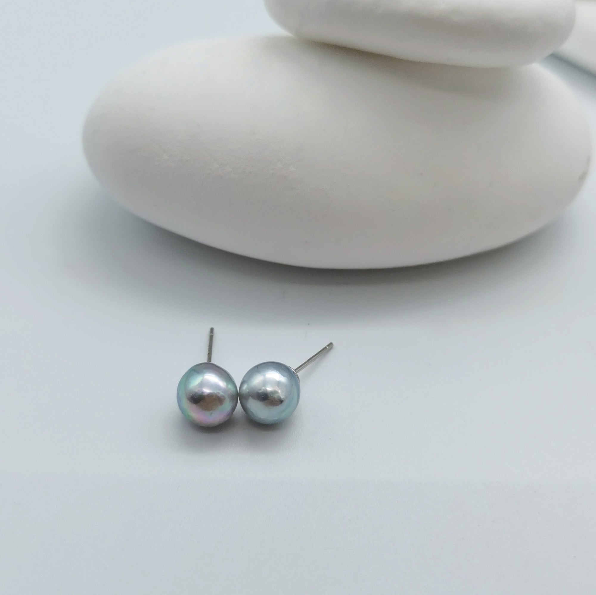 Blue Akoya pearl stud earrings 7.5-9mm round baroque lilac silver cyan tones 925 sterling silver posts white stones