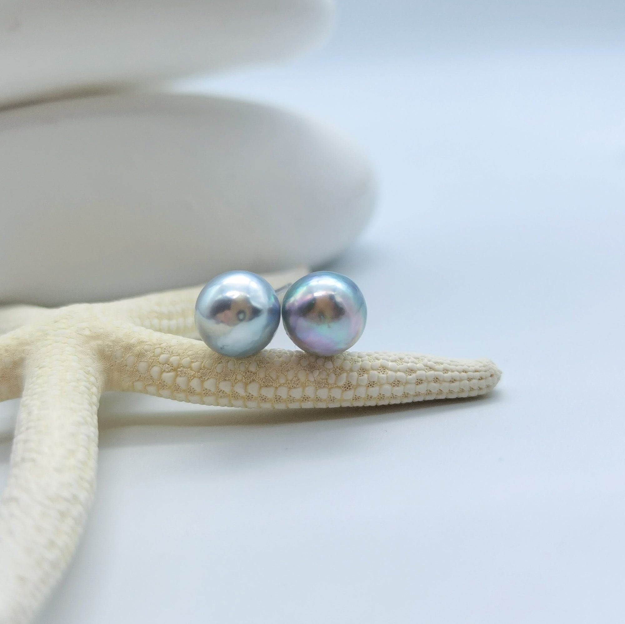 Blue Akoya pearl stud earrings showing natural colour cultivation lilac silver cyan iridescence starfish styling