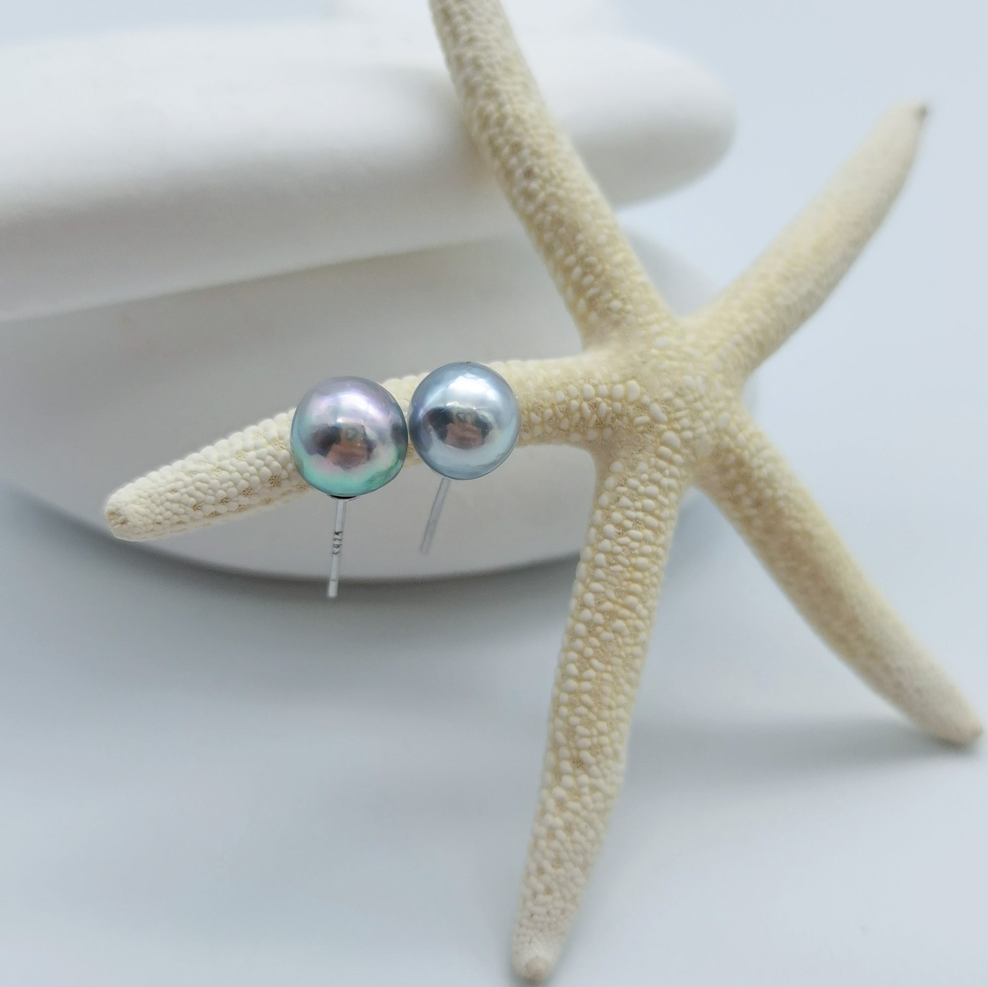Blue Akoya pearl stud earrings 7.5-9mm round baroque lilac silver cyan tones starfish styling 925 sterling silver posts