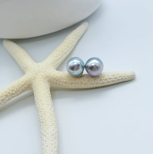 Blue Akoya pearl stud earrings 7.5-9mm round baroque natural colour cultivation starfish styling lilac silver cyan tones