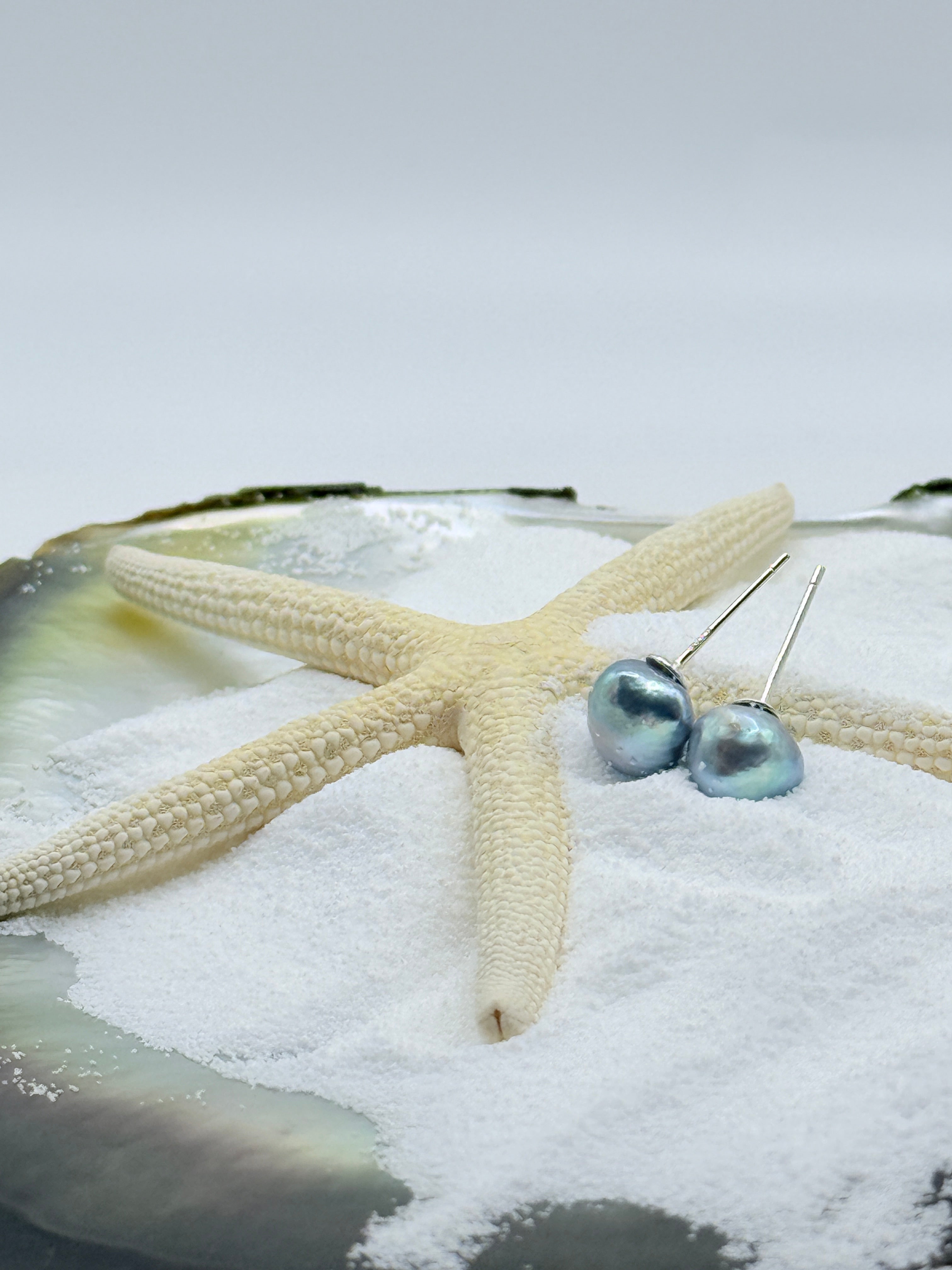 Blue Akoya pearl stud earrings 8-9mm round baroque lilac silver cyan tones 925 sterling silver posts white stones