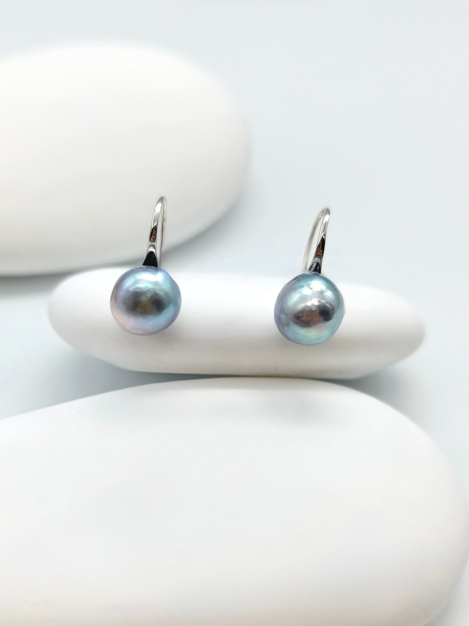 Blue Akoya baroque pearl hook earrings pair showing natural colour variation and exceptional Japanese pearl quality