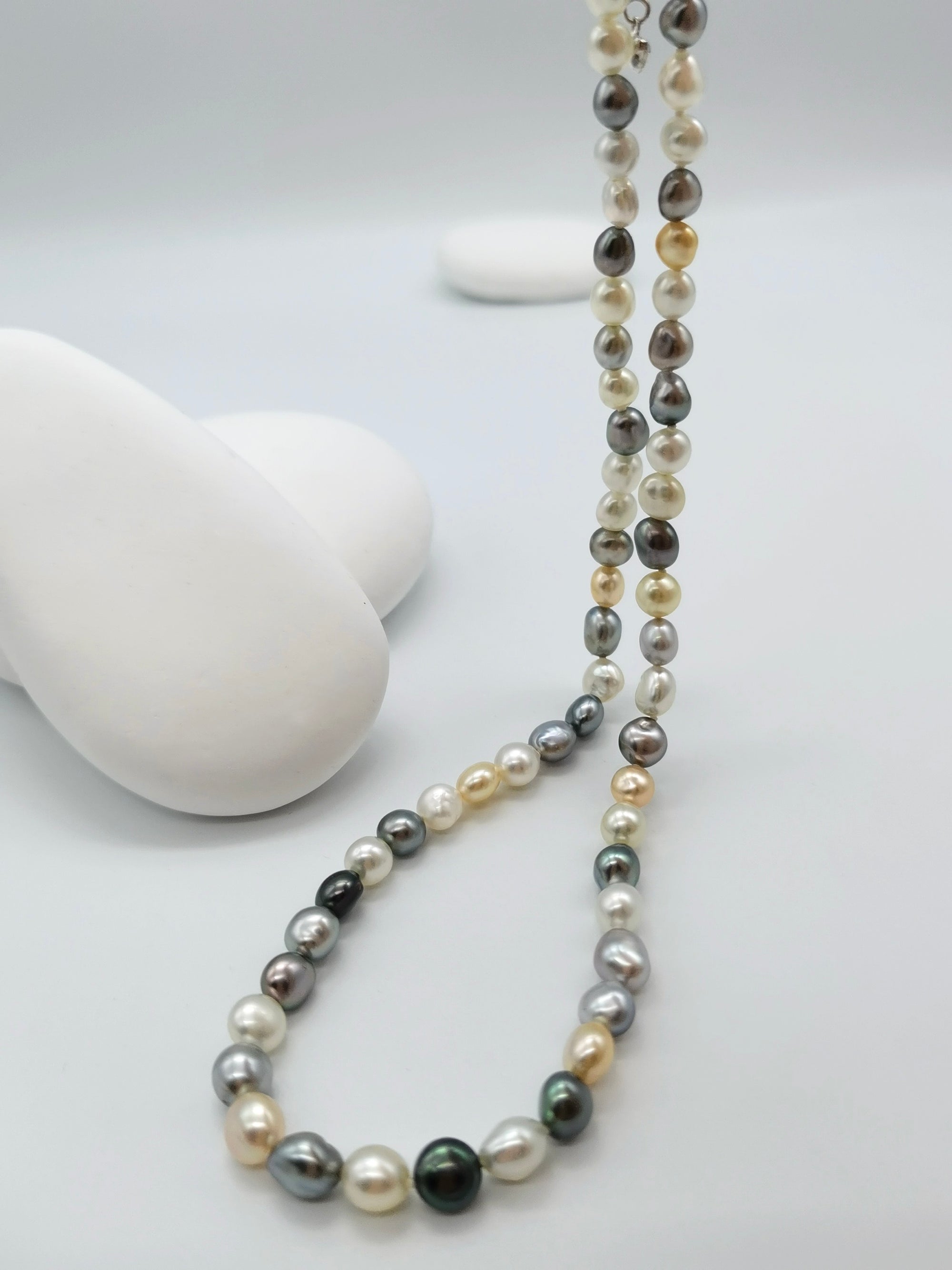 Full length view of 41cm tri-colour keshi pearl strand with natural Tahitian and South Sea pearls, 4-6.5mm sizes