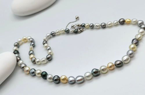 Tri-colour keshi pearl strand with 4cm extension chain showing adjustable length and sterling silver clasp detail
