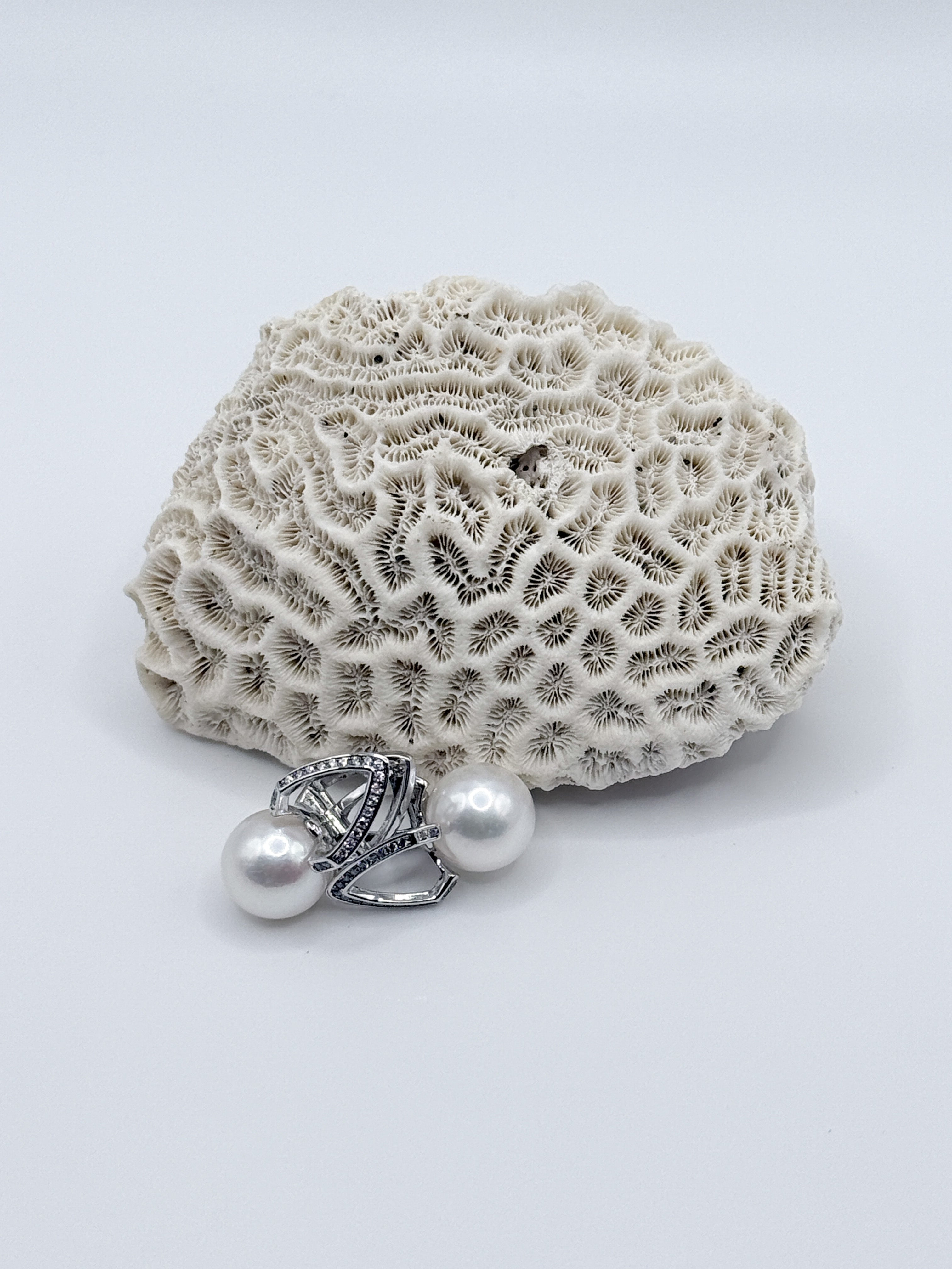 White freshwater pearl earrings with detailed silver teardrop frames showcasing decorative metalwork, artistically positioned against textured coral backdrop