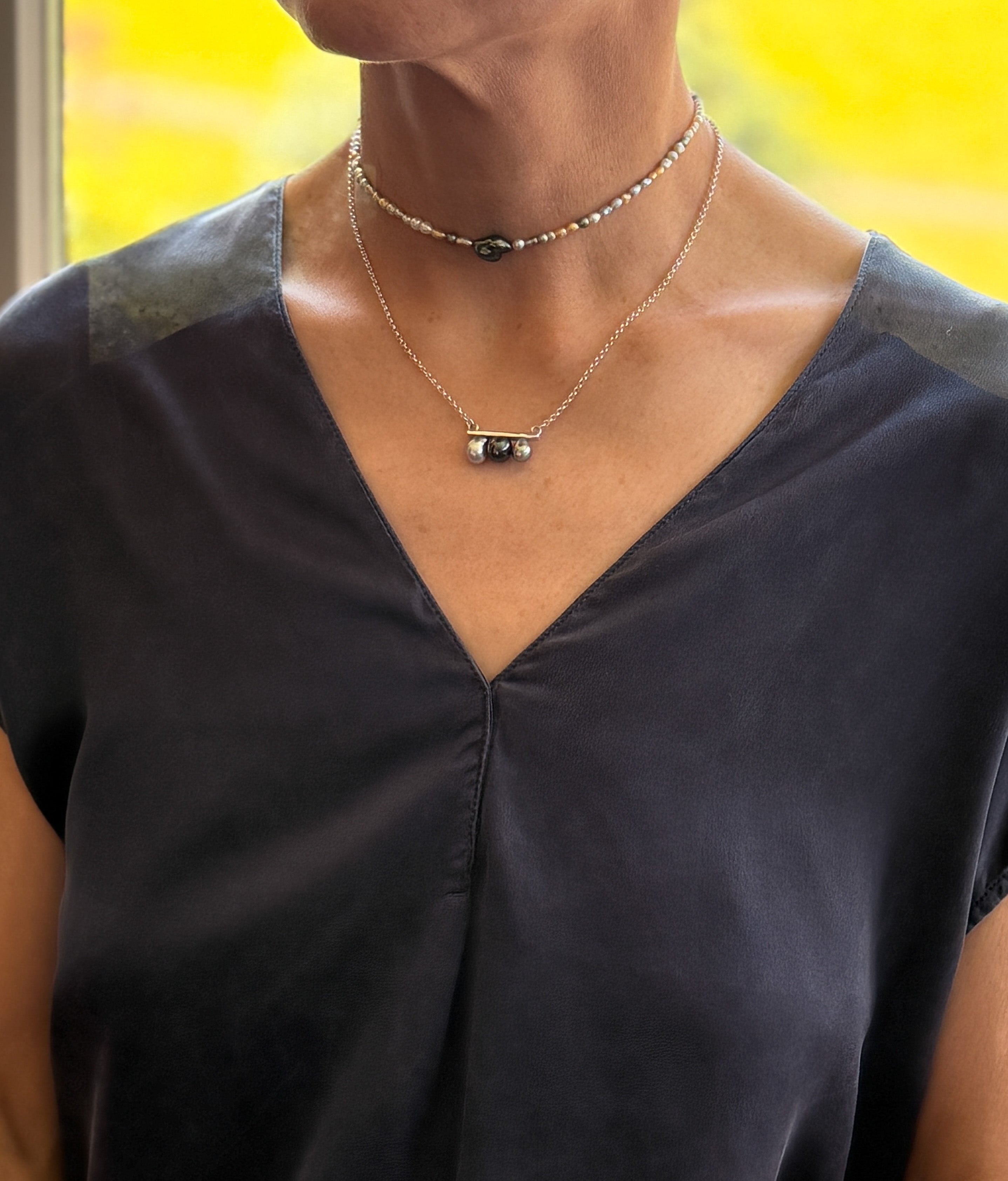 CX0003 - Tahitian Keshi 3 Pearl Bar Pendant Necklace Sterling Silver