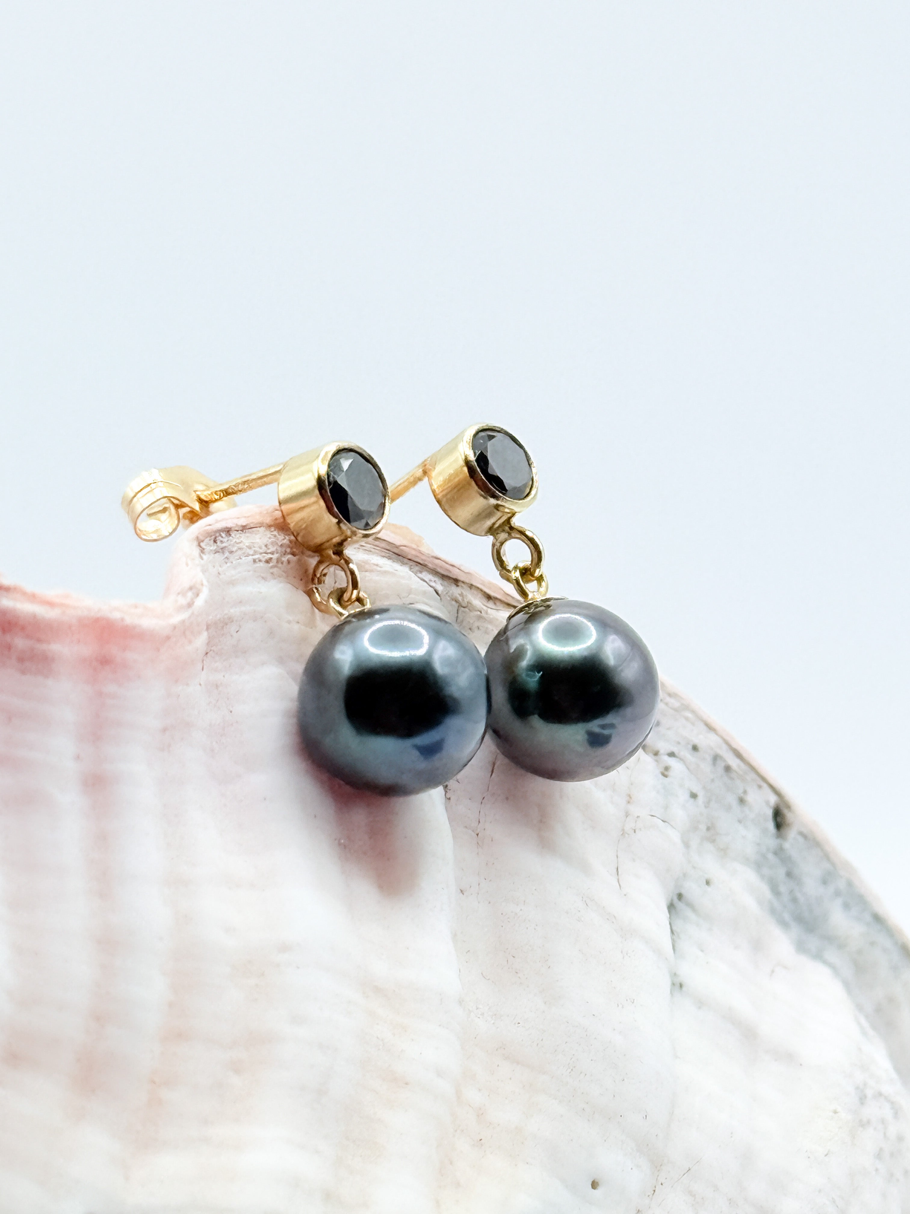 Side angle of round Tahitian pearls dangling from gold-plated black CZ studs on shell background