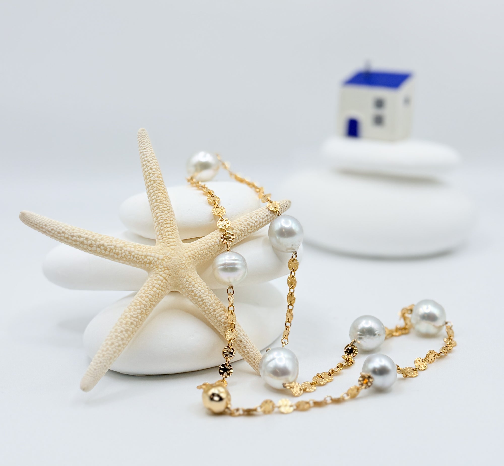 Aurora Mare South Sea pearl necklace 7 large white circled pearls 11-13mm 14K gold filled chain oceanic styling