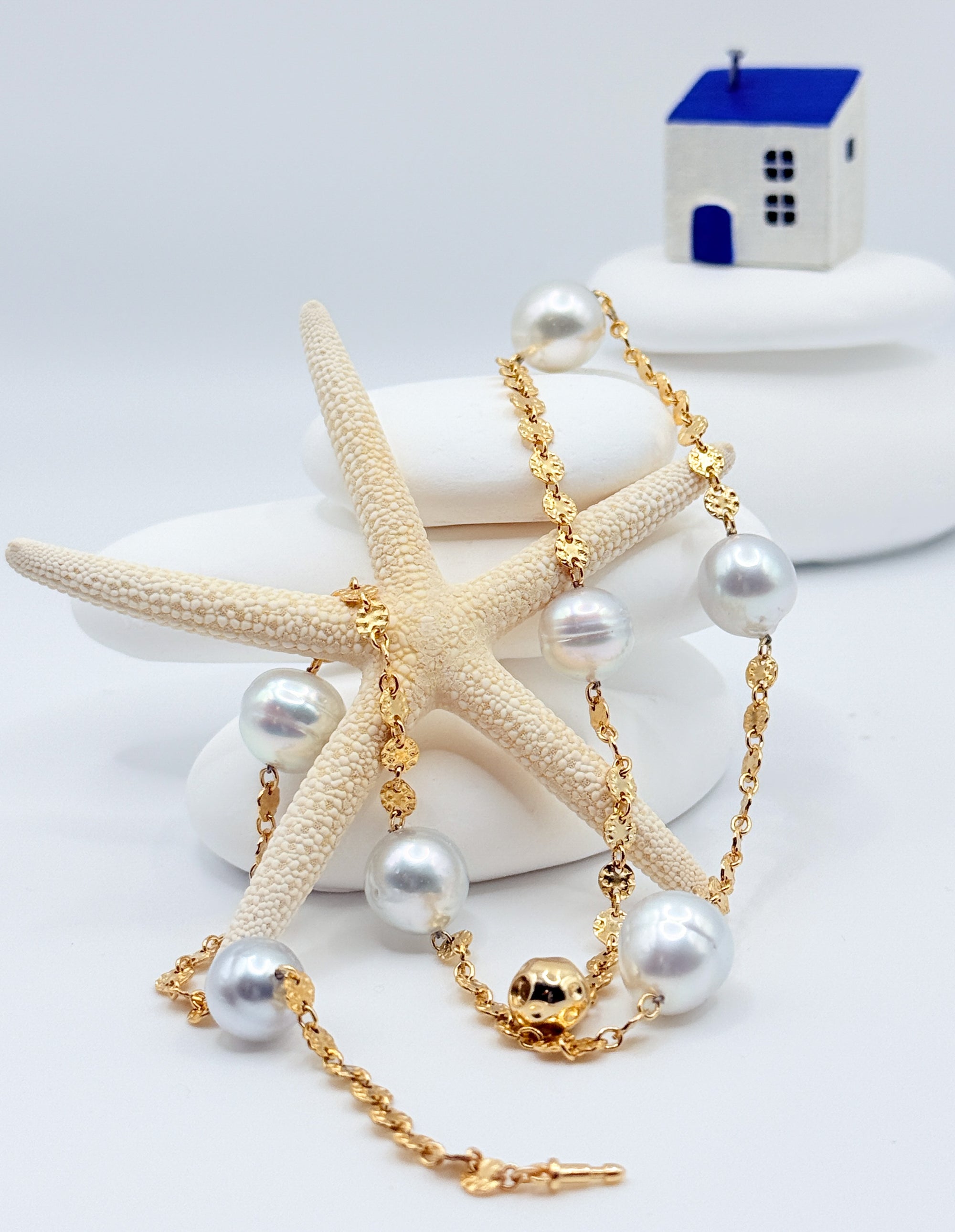 Aurora Mare white South Sea circled pearl station necklace 14K gold filled textured chain 45cm with natural starfish styling