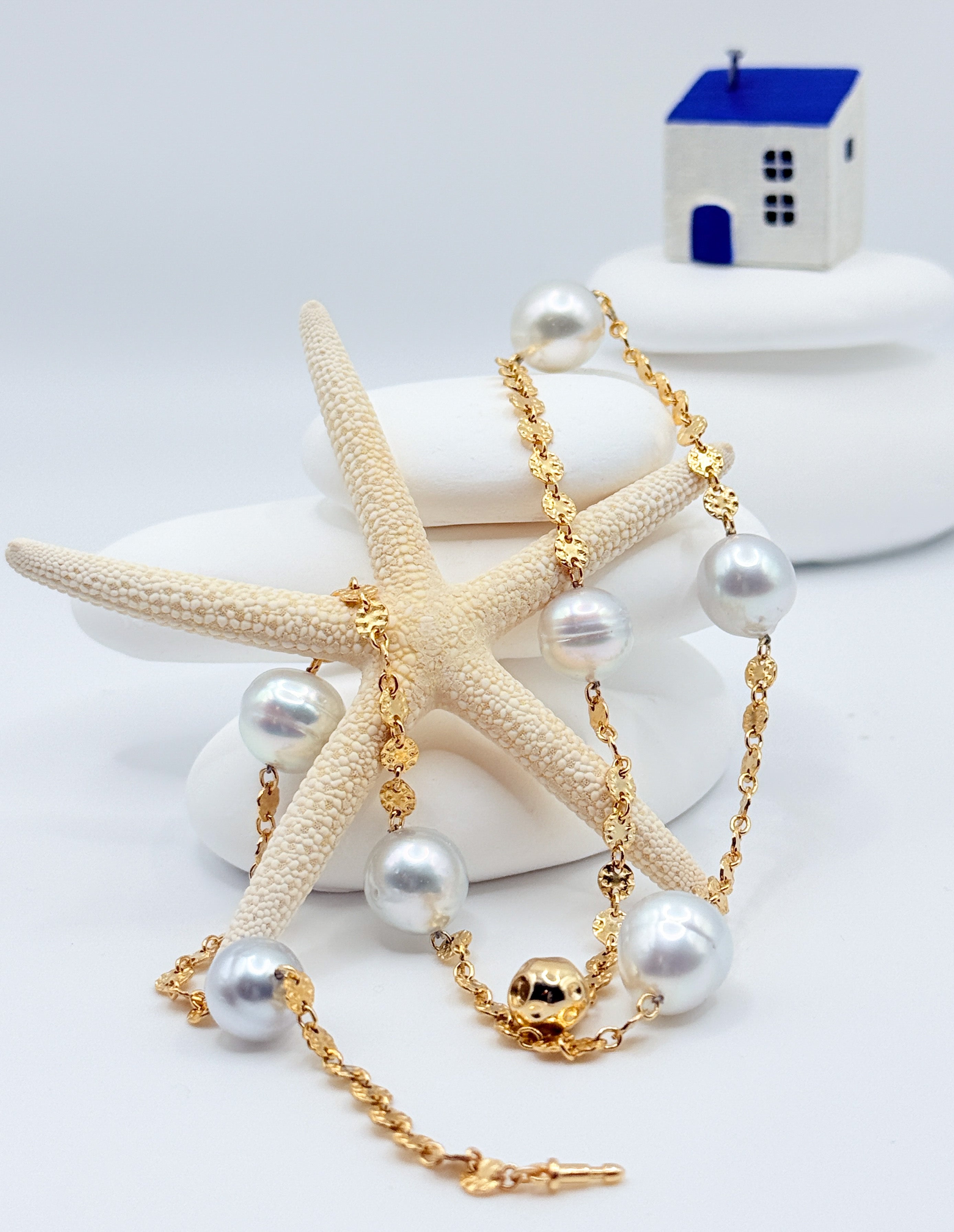 Aurora Mare white South Sea circled pearl station necklace 14K gold filled textured chain 45cm with natural starfish styling