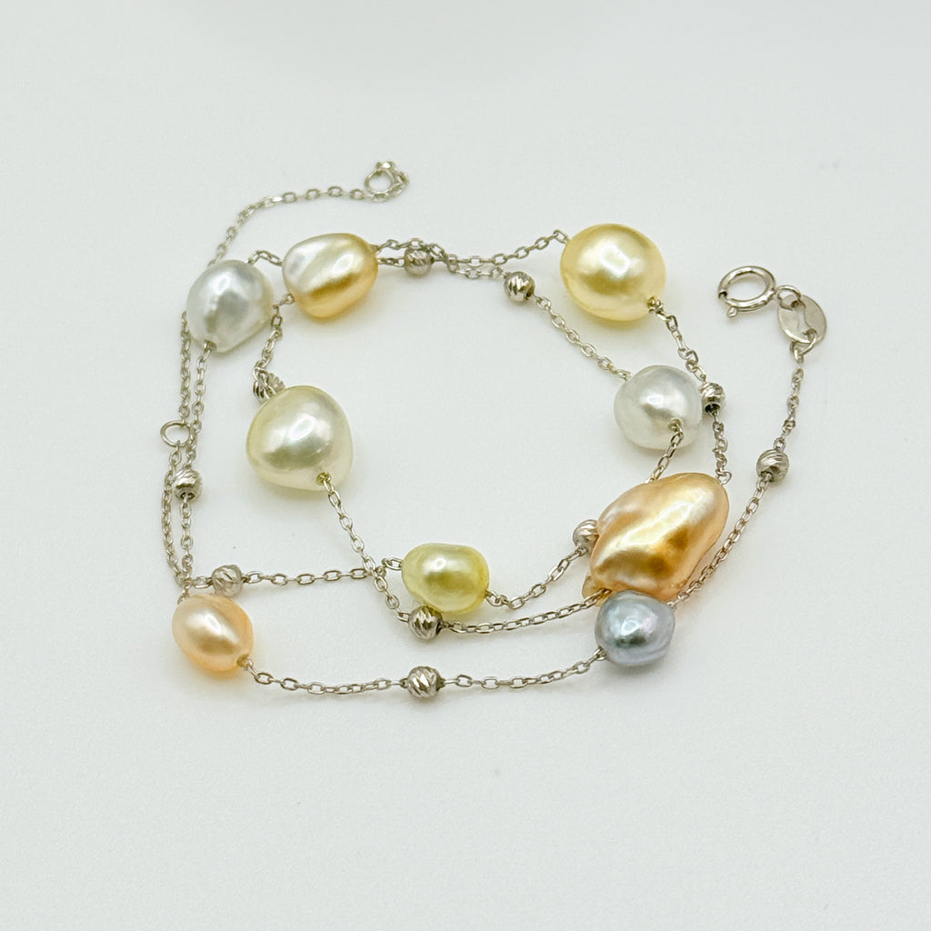 South Sea Keshi pearl station necklace 925 sterling silver chain 11 pearls gold white tones full layout
