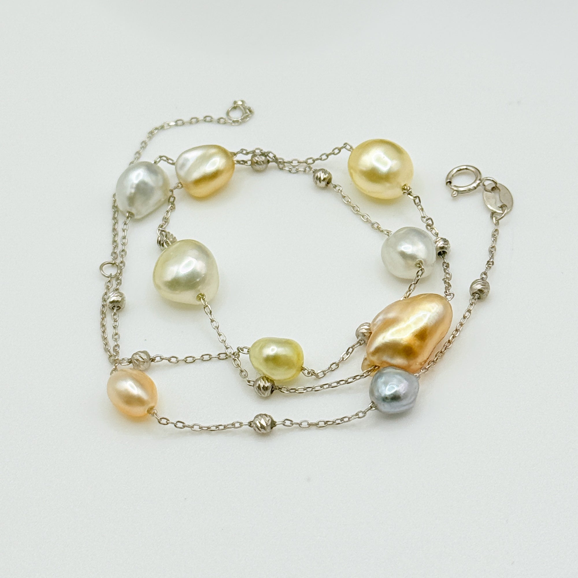 South Sea Keshi pearl station necklace 925 sterling silver chain 11 pearls gold white tones full layout