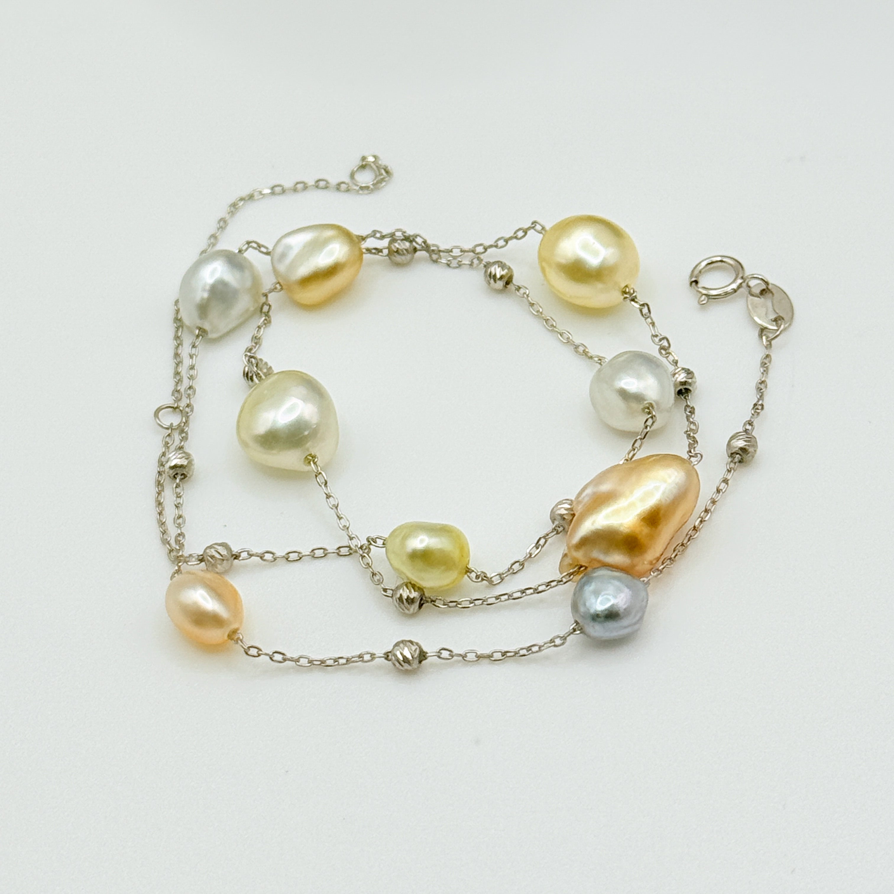 South Sea Keshi pearl station necklace 925 sterling silver chain 11 pearls gold white tones full layout
