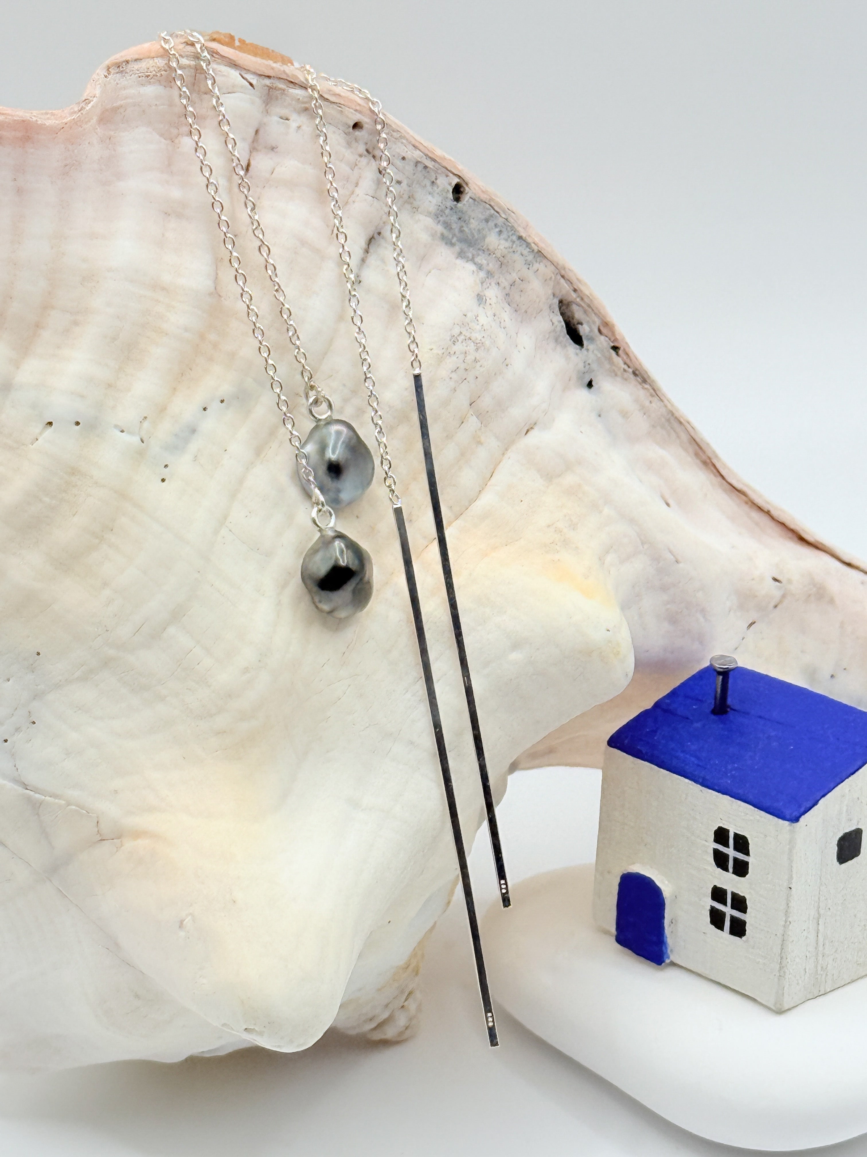 Tahitian Keshi pearl threader earrings 7mm baroque pearls sterling silver chains shell styling blue house