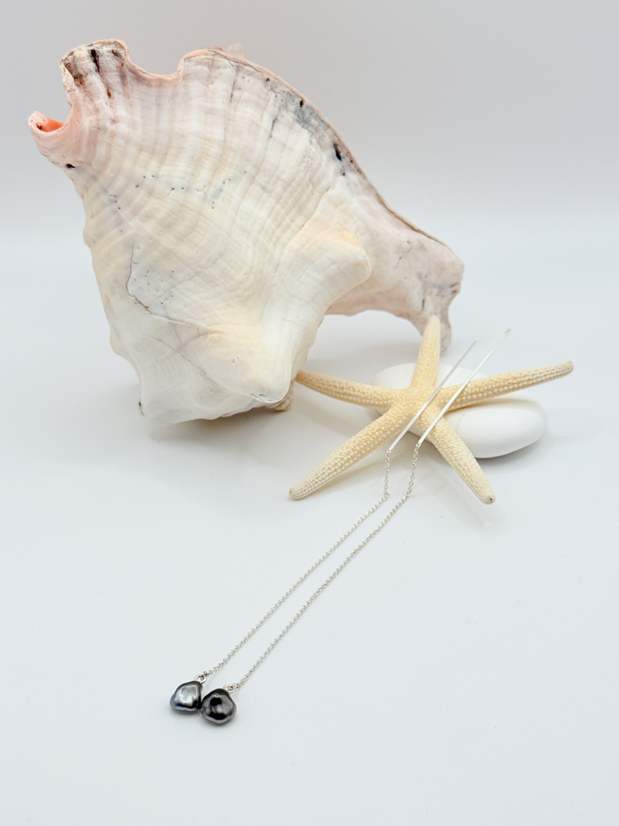 Tahitian Keshi pearl threader earrings 7mm baroque pearls sterling silver chains shell starfish styling oceanic display
