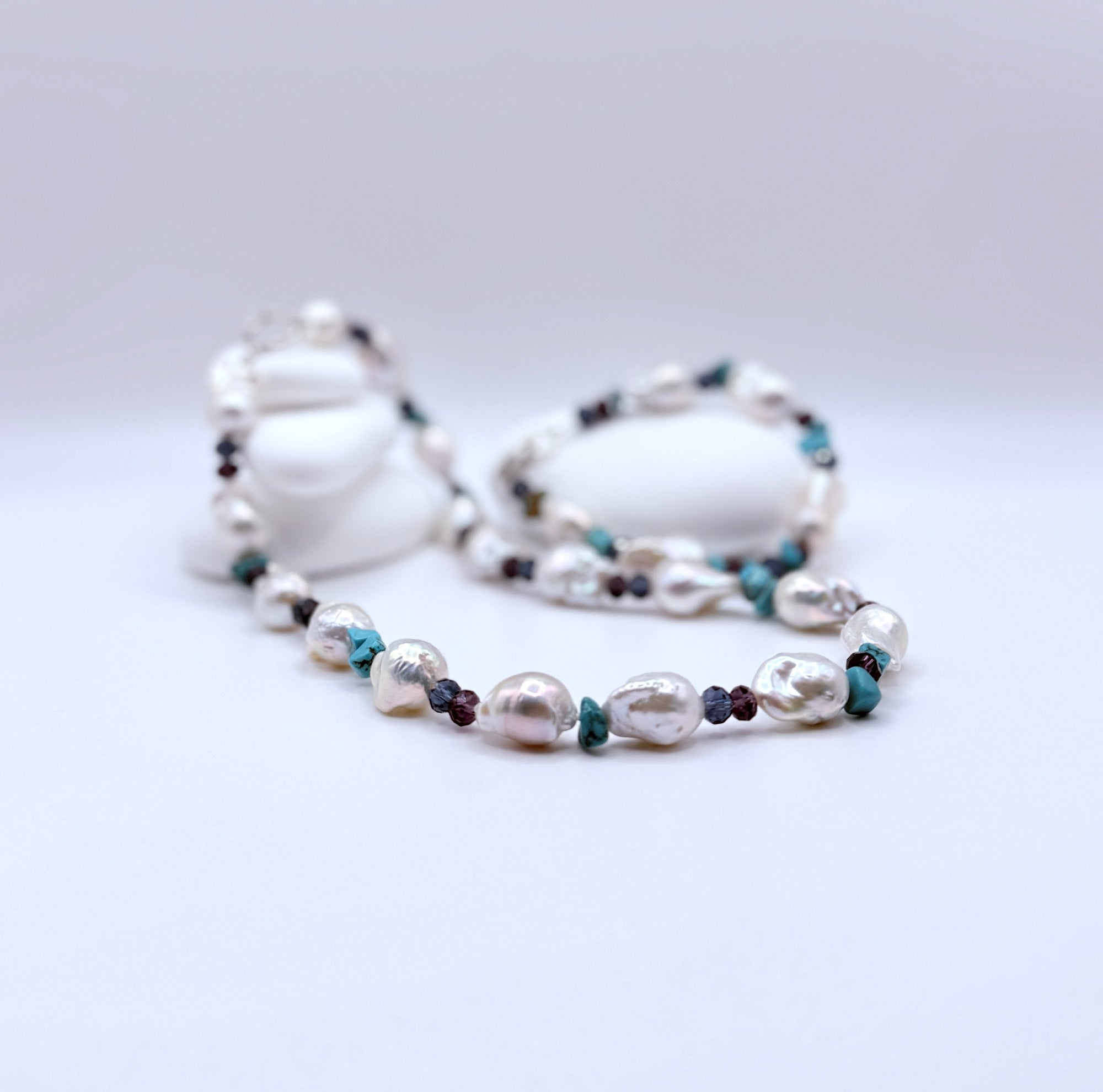 white freshwater baroque pearl necklace and bracelet set with turquoise spacers and blue purple crystal glass beads, 45cm and 20cm lengths