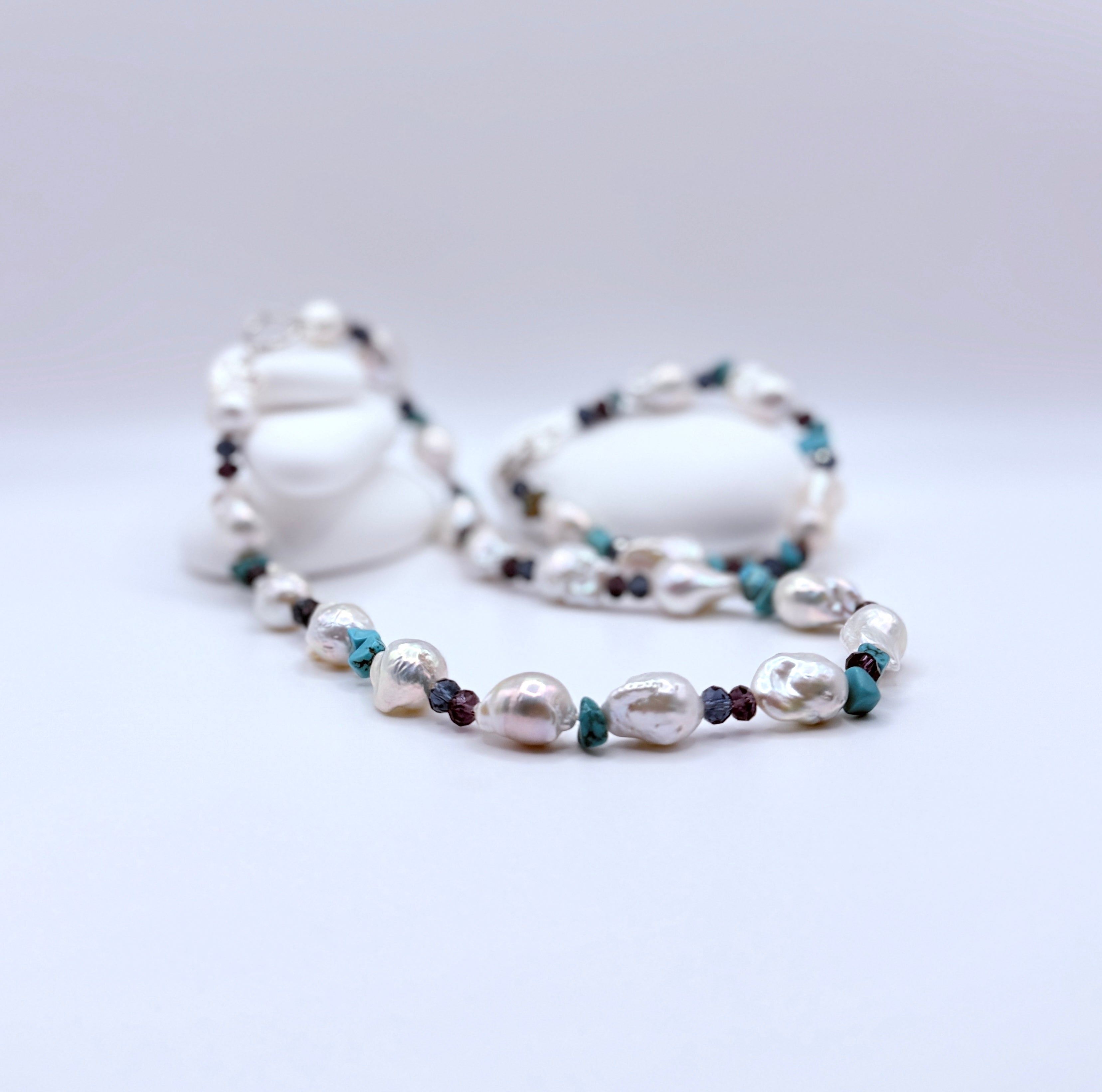 white freshwater baroque pearl necklace and bracelet set with turquoise spacers and blue purple crystal glass beads, 45cm and 20cm lengths