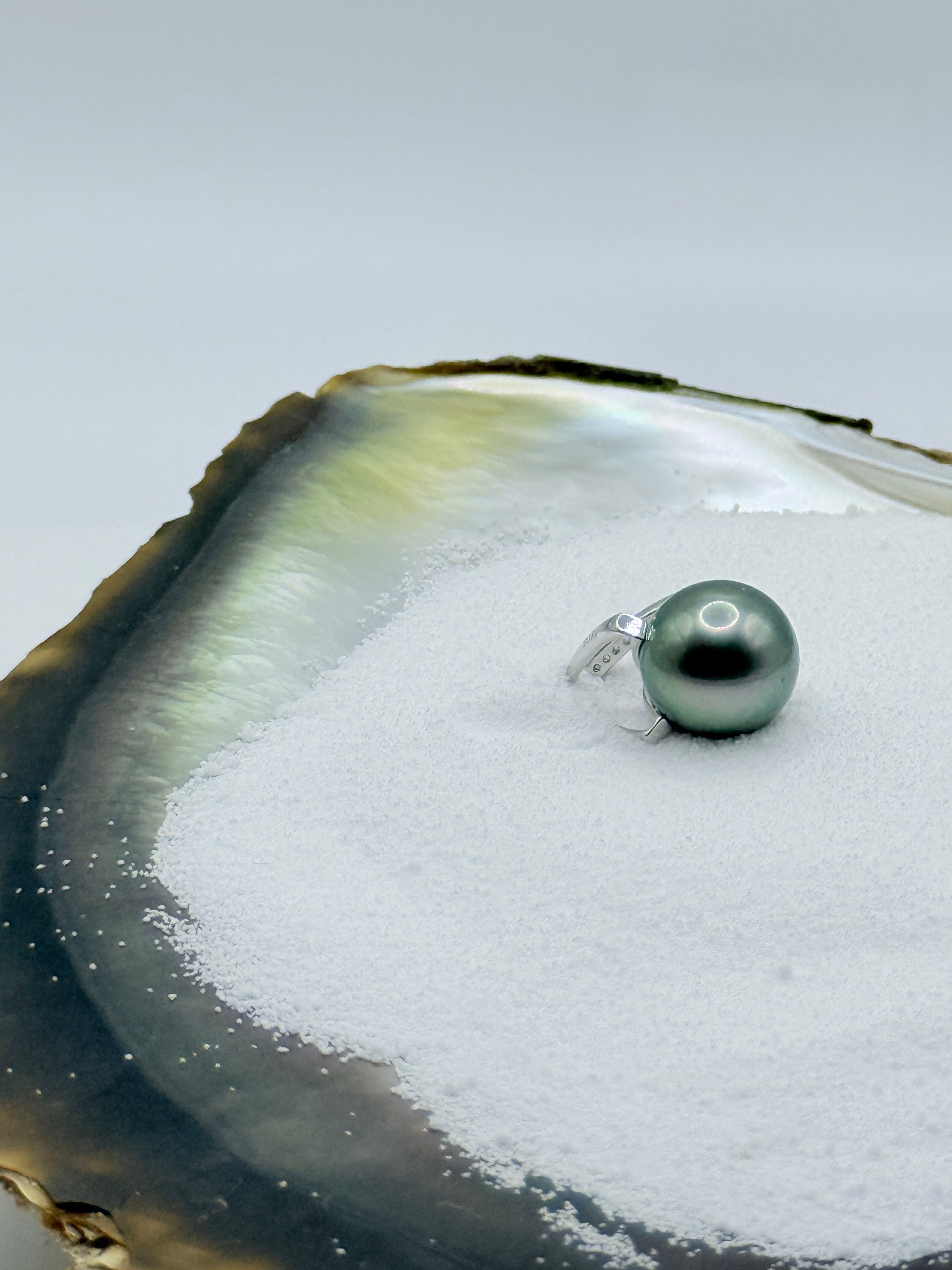 Close-up view of sterling silver Tahitian pearl pendant in oyster shell highlighting the round shape and metallic lustre