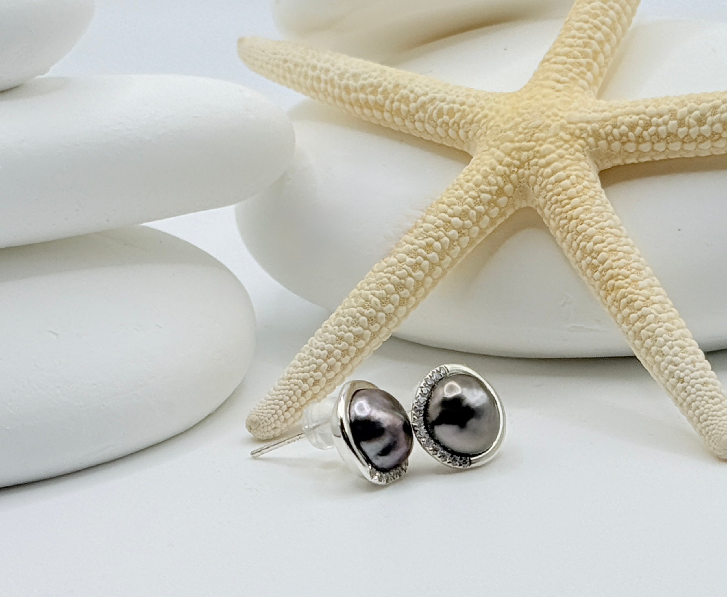 CX0079 - Tahitian Keshi Pearl Stud Earrings half-halo CZ Pavé Sterling Silver |