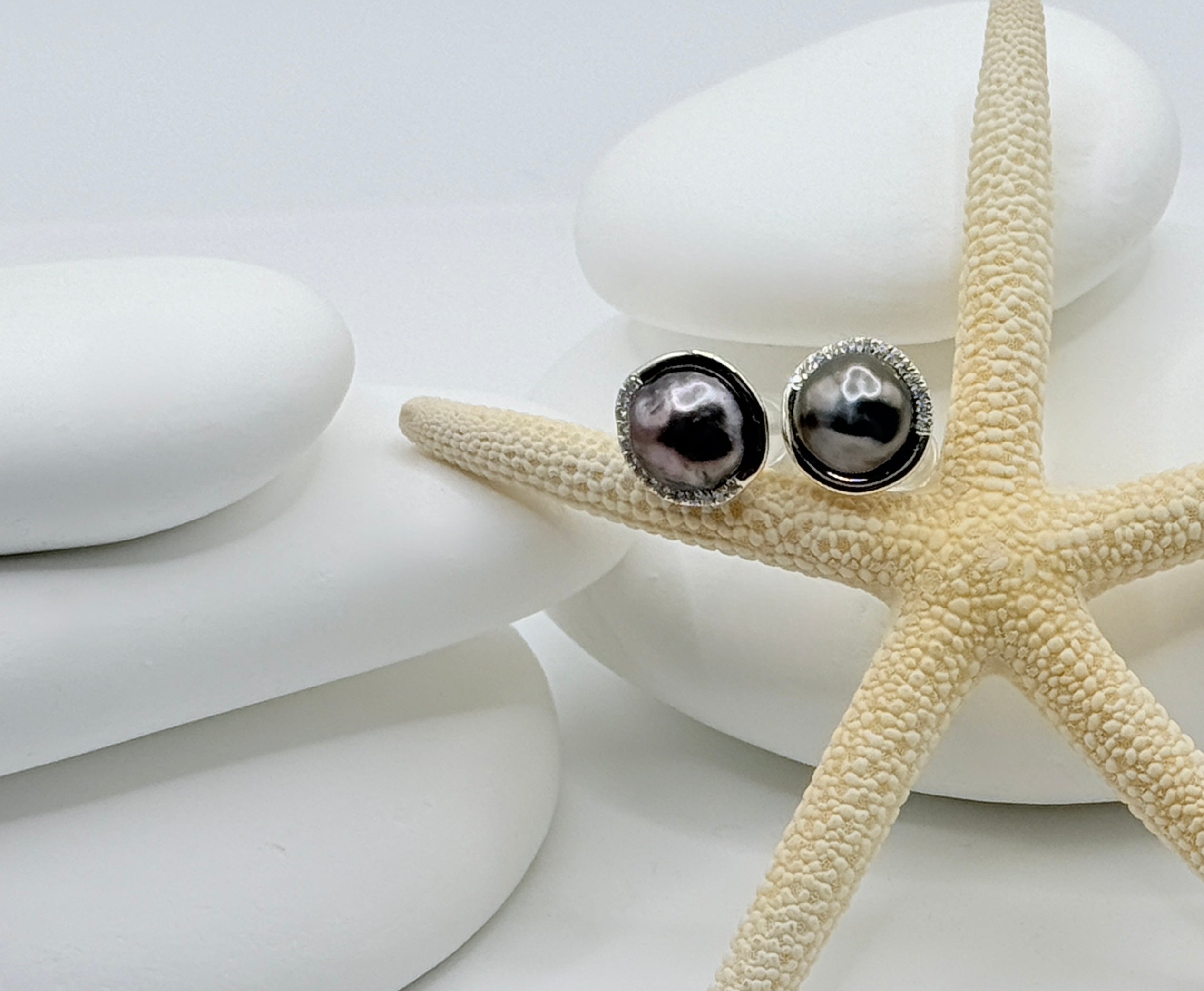 CX0079 - Tahitian Keshi Pearl Stud Earrings half-halo CZ Pavé Sterling Silver |