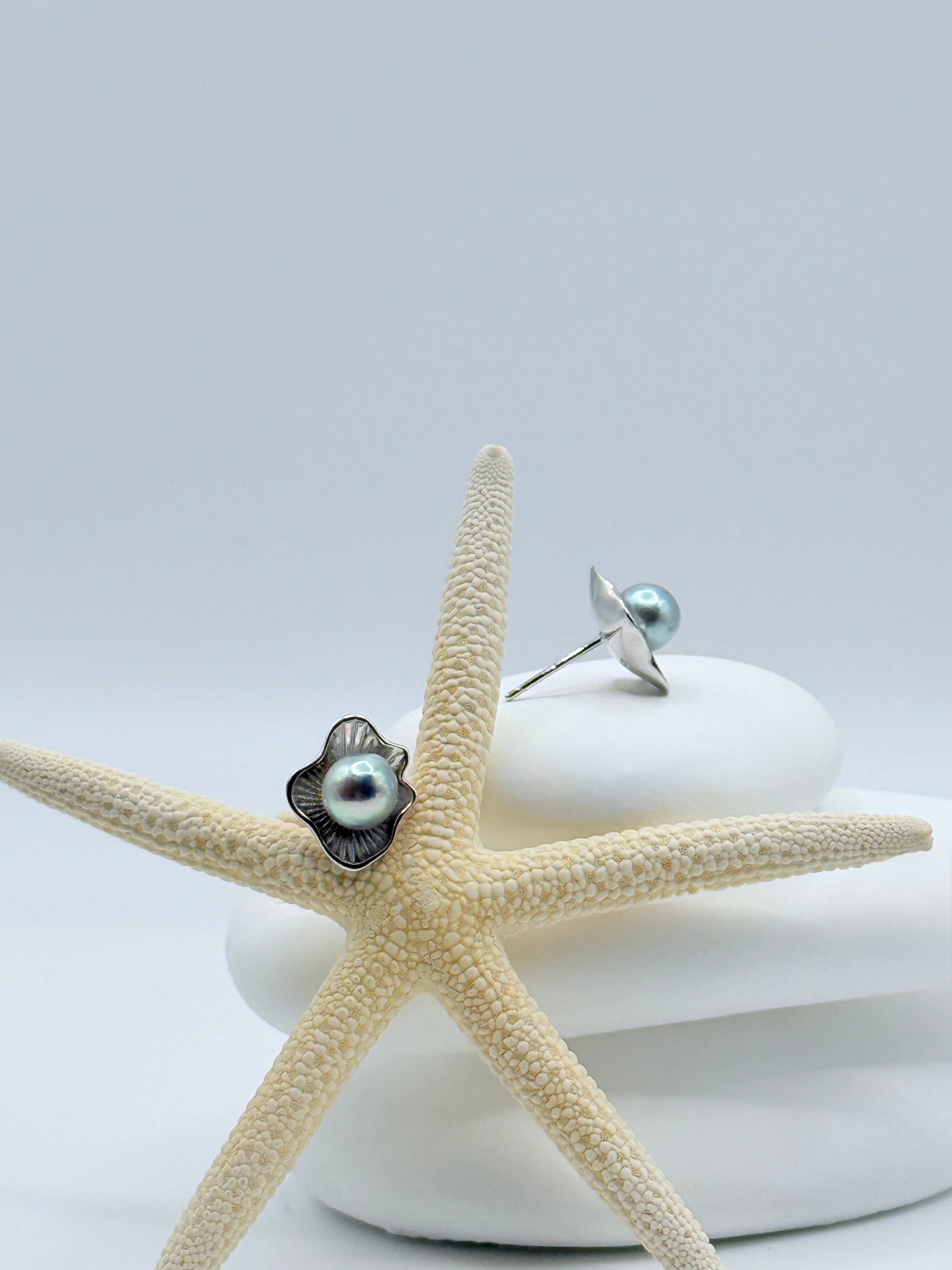 Sterling silver flower petal ear studs with blue Akoya pearls displayed on starfish showing elegant floral design