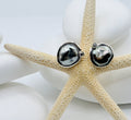 Sterling silver Tahitian keshi stud earrings with bezel moissanite accent on starfish and white shells