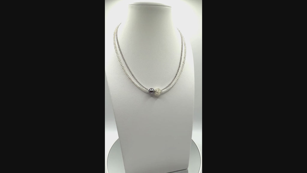 Video showing Tahitian pearl choker with tourmaline and seed pearls rotating to display all angles of the green baroque pearl and colourful gemstone beads
