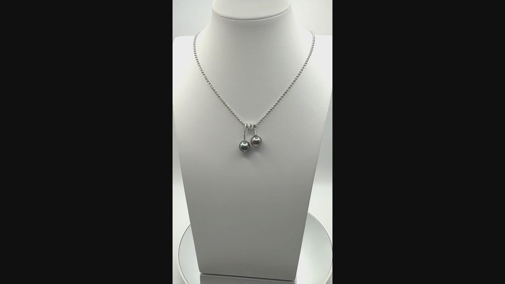 Video of CZ-accented double Tahitian pearl pendant necklace on 925 sterling silver ball chain.